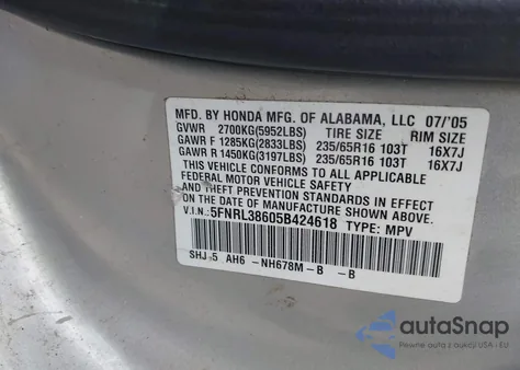2005 Honda Odyssey Ex-L from USA, damaged, VIN 5FNRL38605B424618